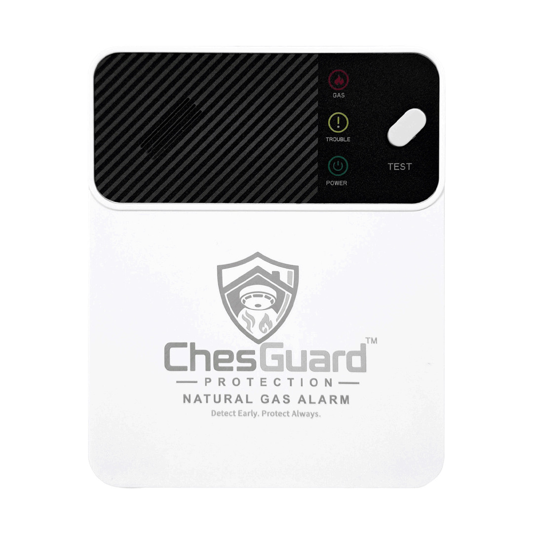 ChesGuard CG-GD1 natural gas alarm being tested on a wall