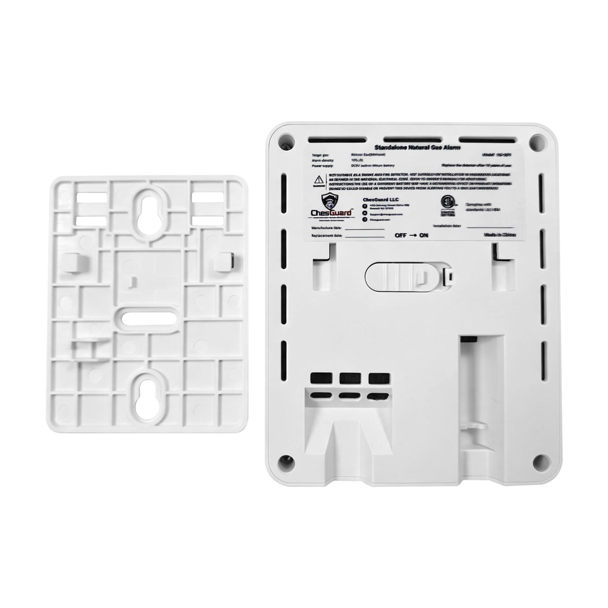 Mounting back plate and the rear of the ChesGuard CG-GD1 natural gas alarm showing the keyhole screw slots used for wall mounting