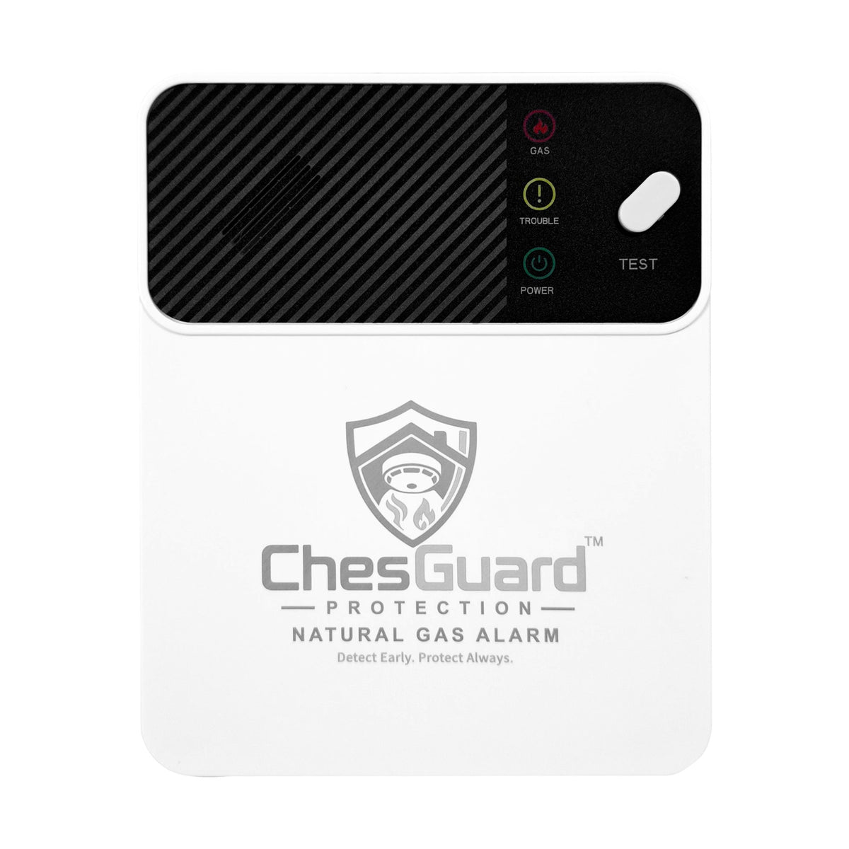 ChesGuard CG-GD1 natural gas alarm, front view showing the GAS, TROUBLE and POWER status LEDs and the TEST button