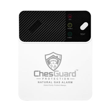 ChesGuard CG-GD1 natural gas alarm, front view showing the GAS, TROUBLE and POWER status LEDs and the TEST button