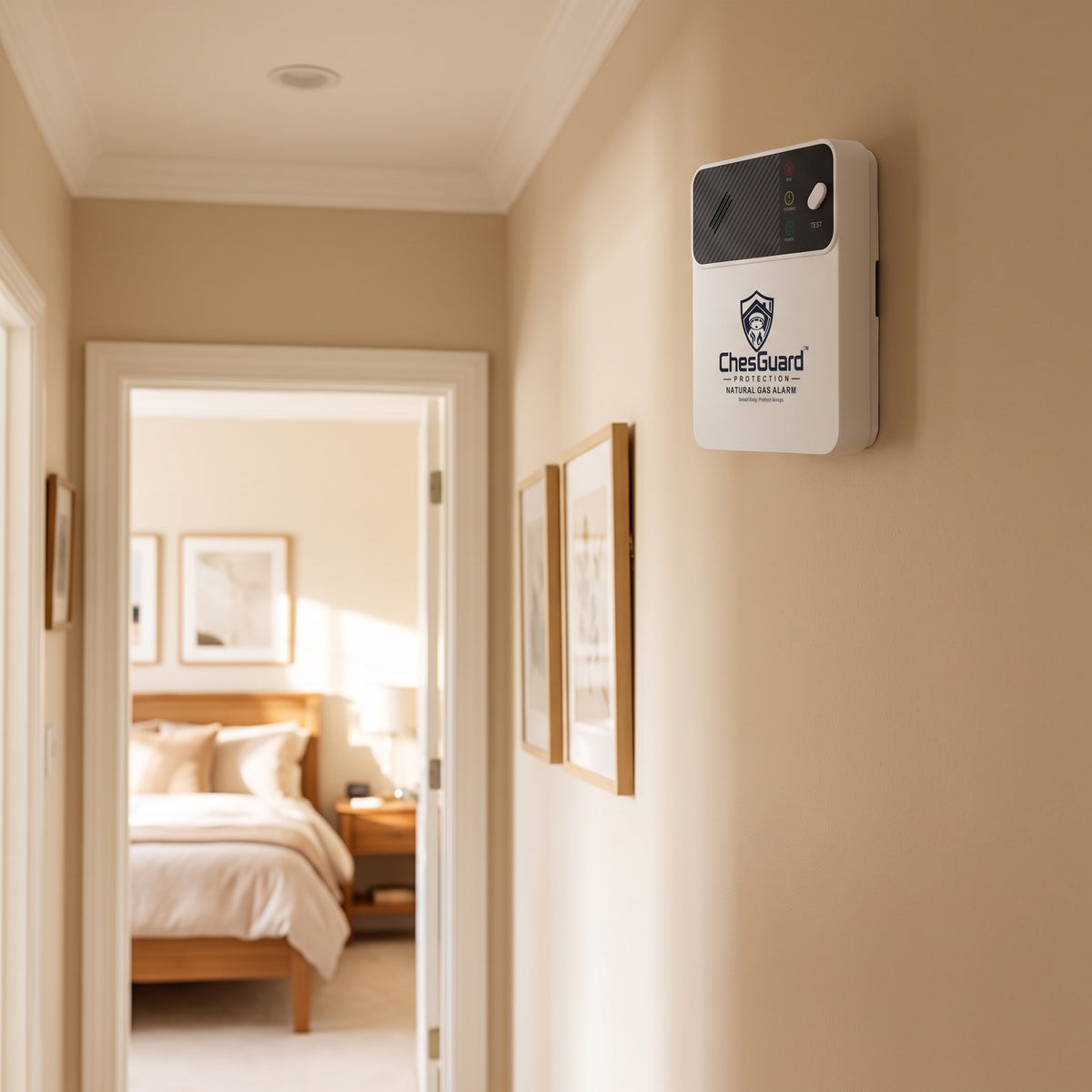ChesGuard CG-GD1 natural gas alarm mounted in a hallway just outside an open bedroom door