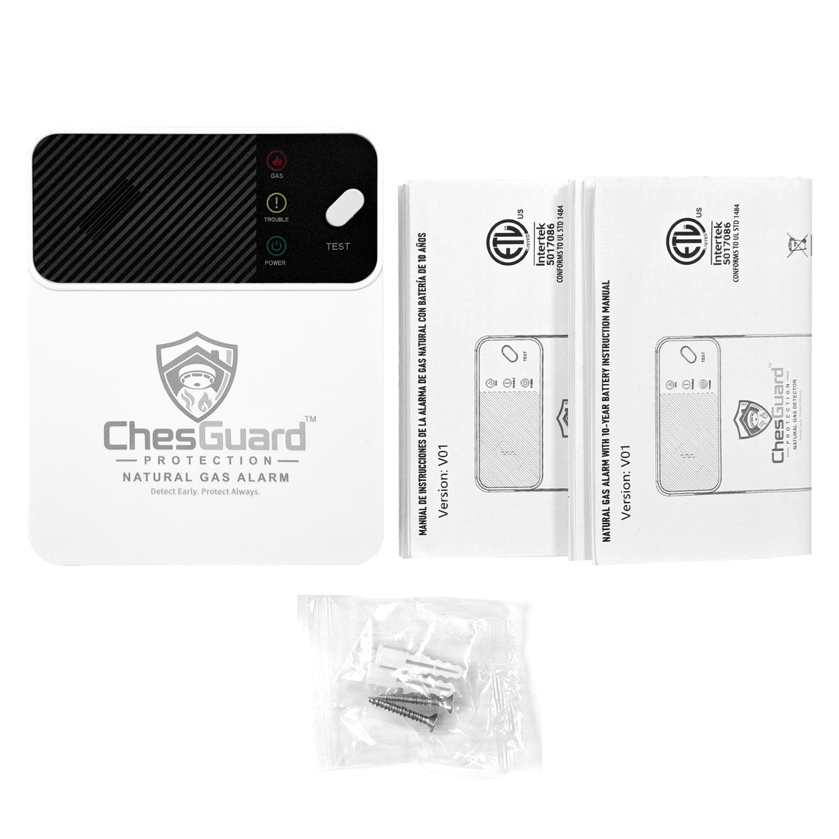 What is in the box: the ChesGuard CG-GD1 natural gas alarm, the English and Spanish instruction manuals and a bag of supplied mounting hardware