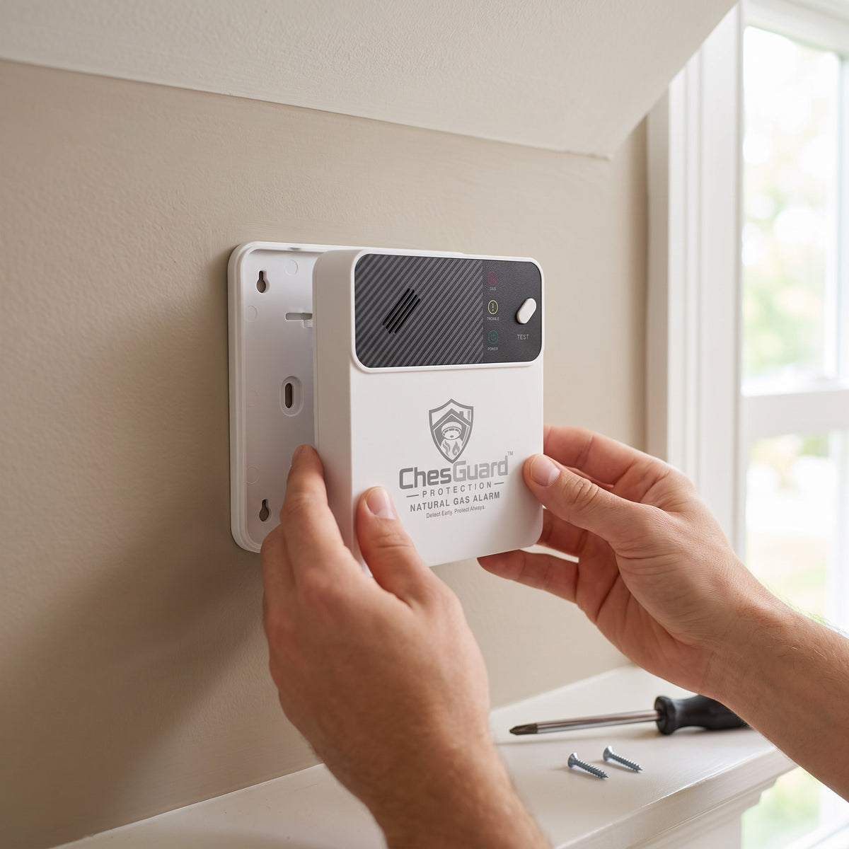 Hands fitting the ChesGuard CG-GD1 natural gas alarm onto its wall mounted back plate, with screws and a screwdriver on the sill below