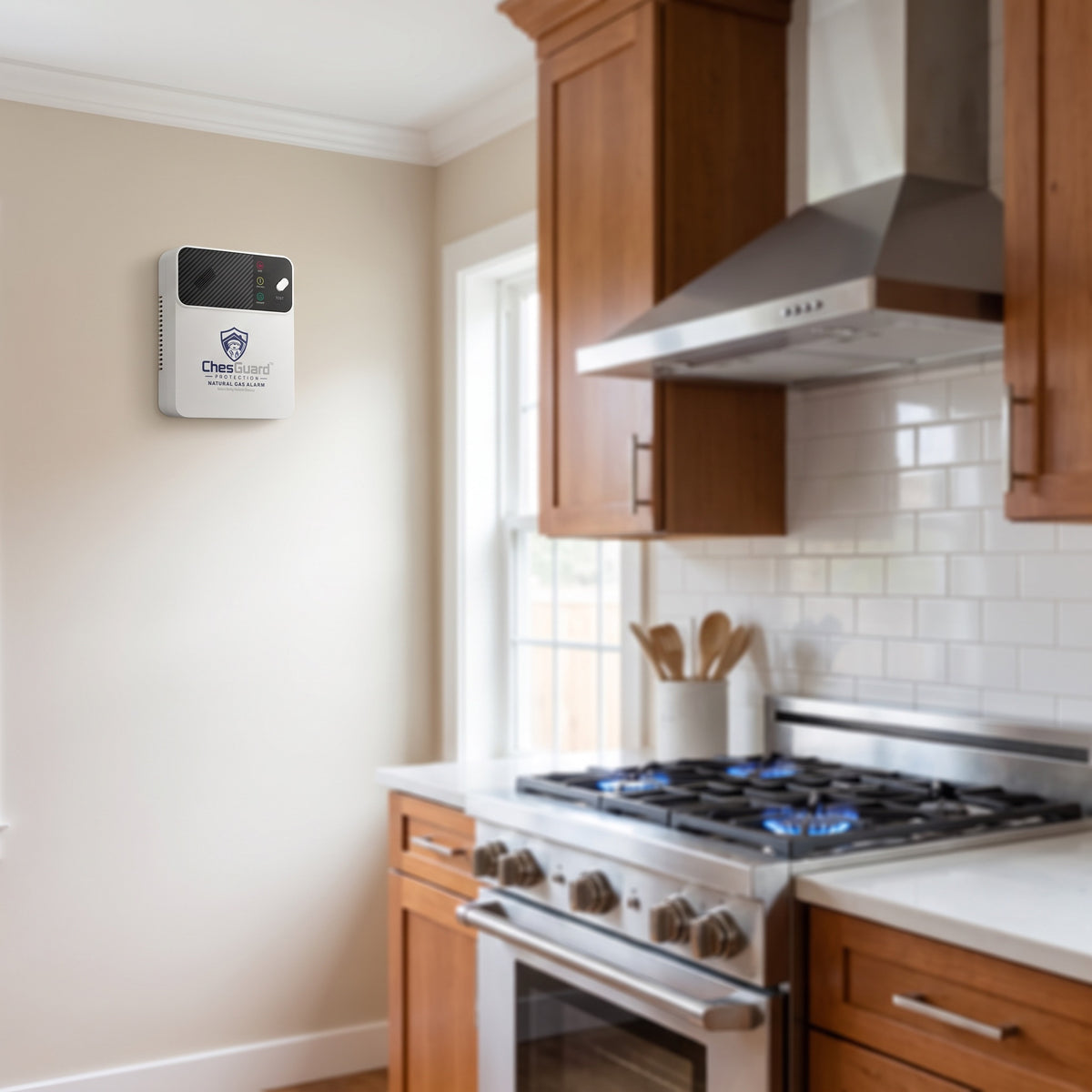 ChesGuard CG-GD1 natural gas alarm wall mounted near the ceiling in a kitchen beside a gas range
