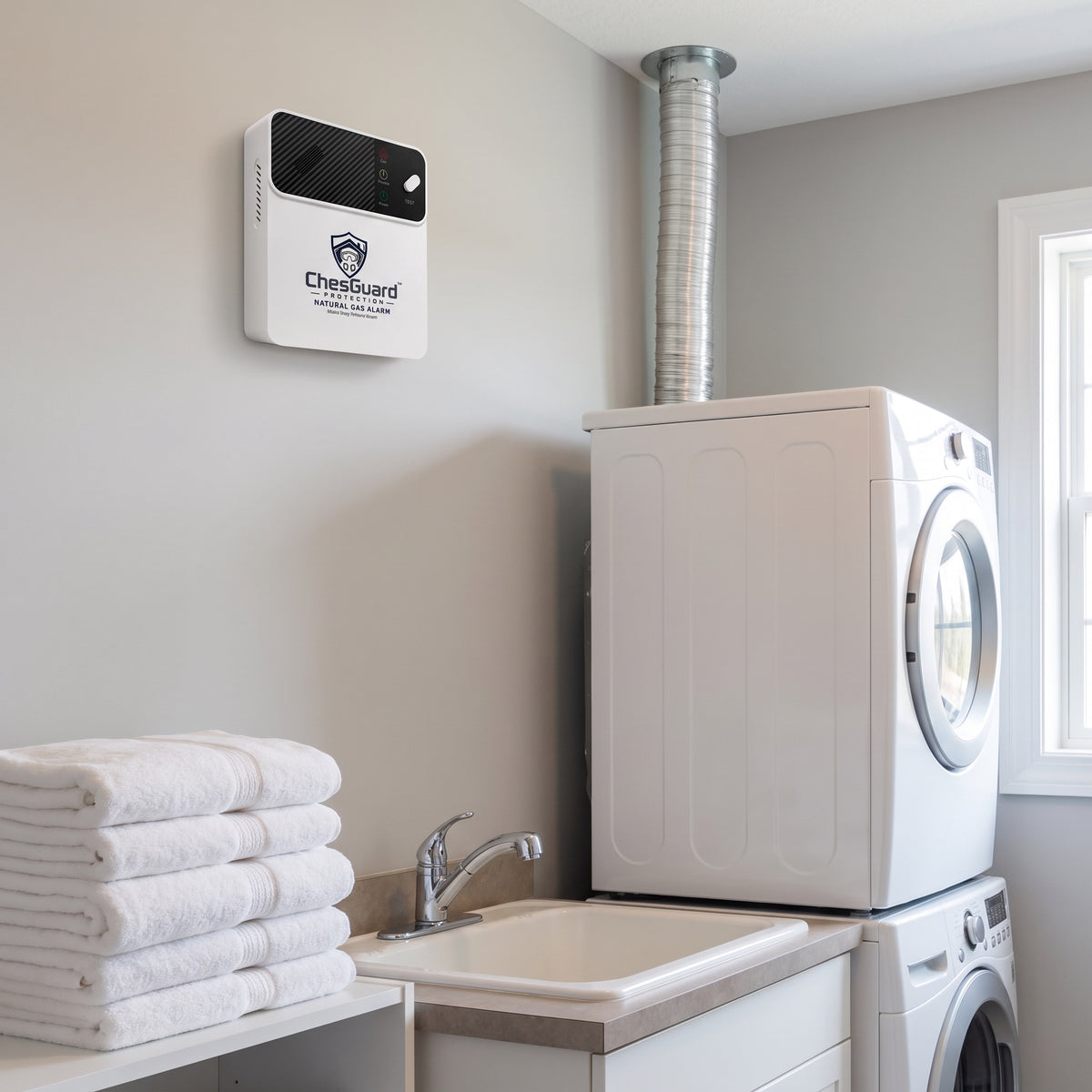 ChesGuard CG-GD1 natural gas alarm mounted high on the wall of a laundry room above a gas dryer