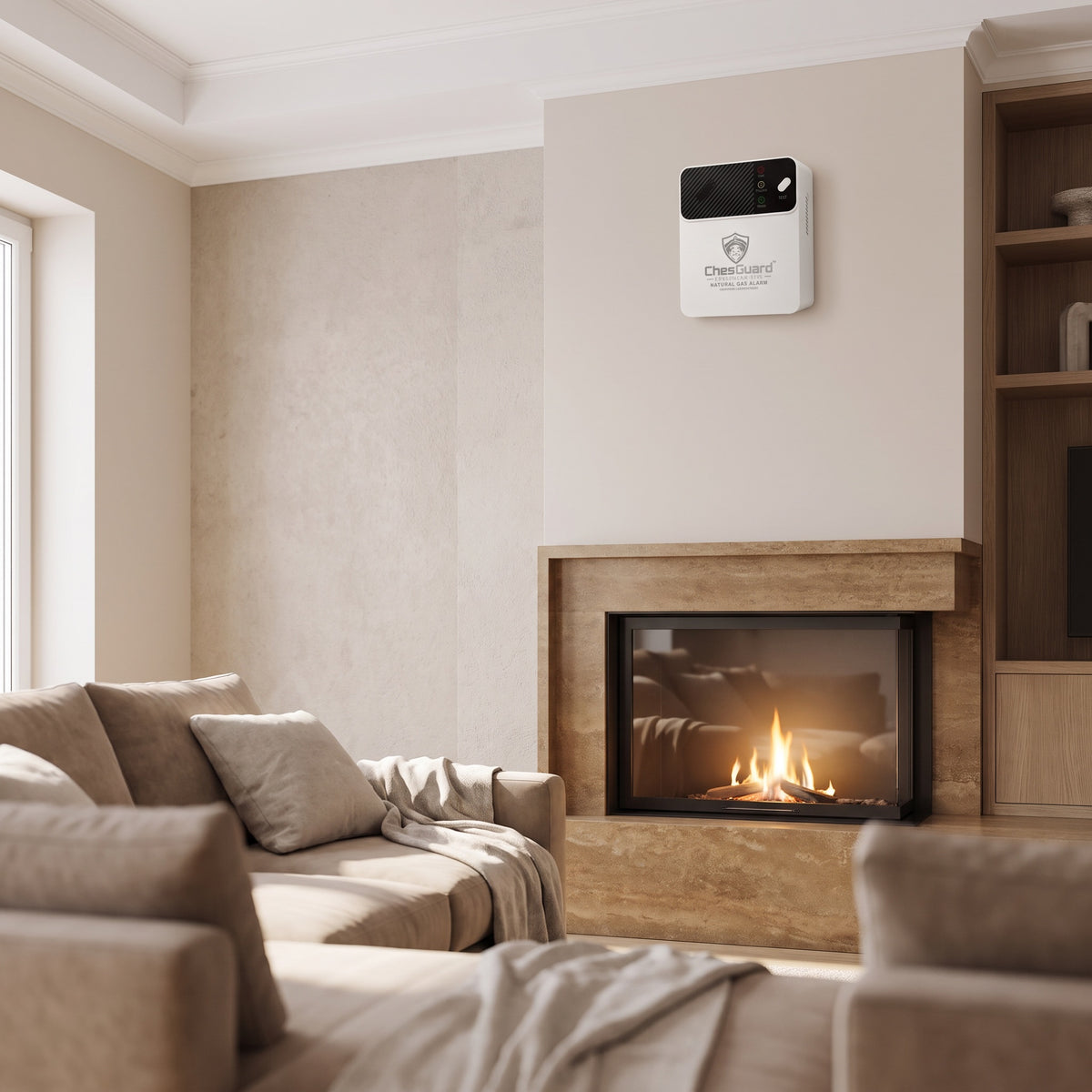 ChesGuard CG-GD1 natural gas alarm mounted on the chimney breast above a lit gas fireplace in a living room