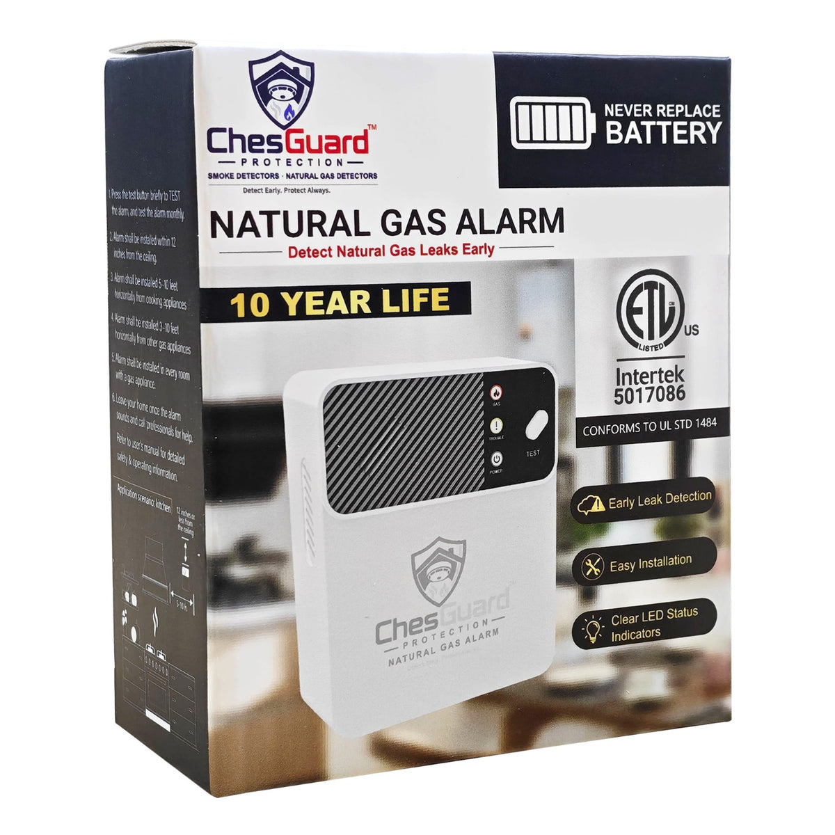 ChesGuard CG-GD1 natural gas alarm retail box showing the 10 year life claim and the ETL Listed Intertek 5017086 mark conforming to UL STD 1484
