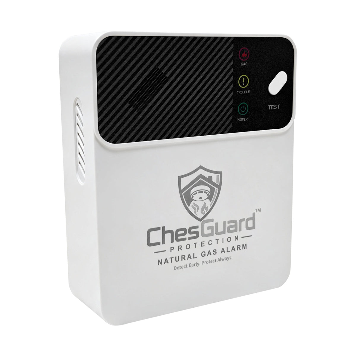 Angled view of the ChesGuard CG-GD1 natural gas alarm showing the sensor ventilation slots along the side of the housing