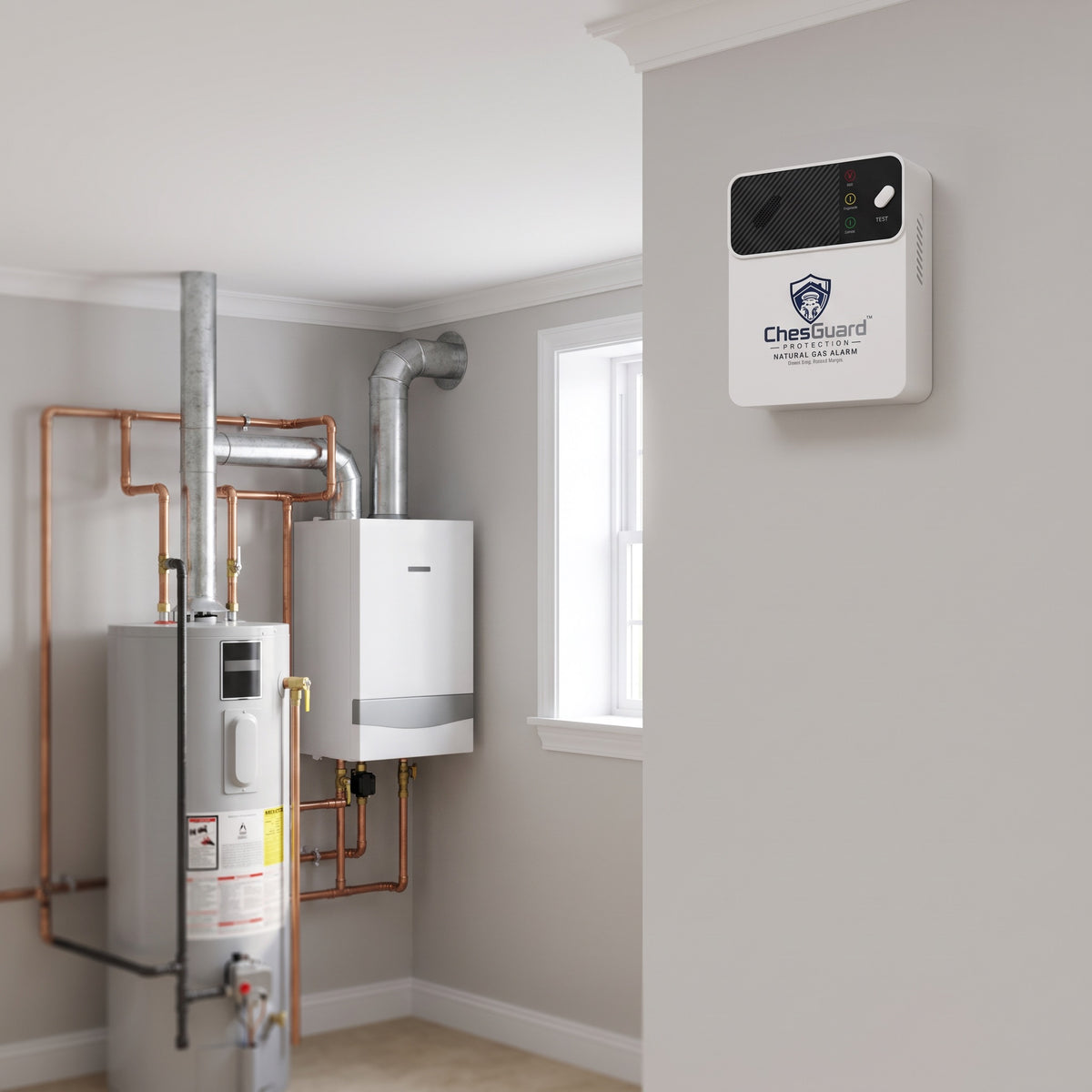 ChesGuard CG-GD1 natural gas alarm mounted near the ceiling of a utility room fitted with a gas water heater and boiler