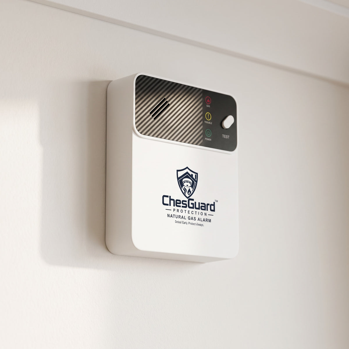 Close up of the ChesGuard CG-GD1 natural gas alarm mounted on a plain interior wall