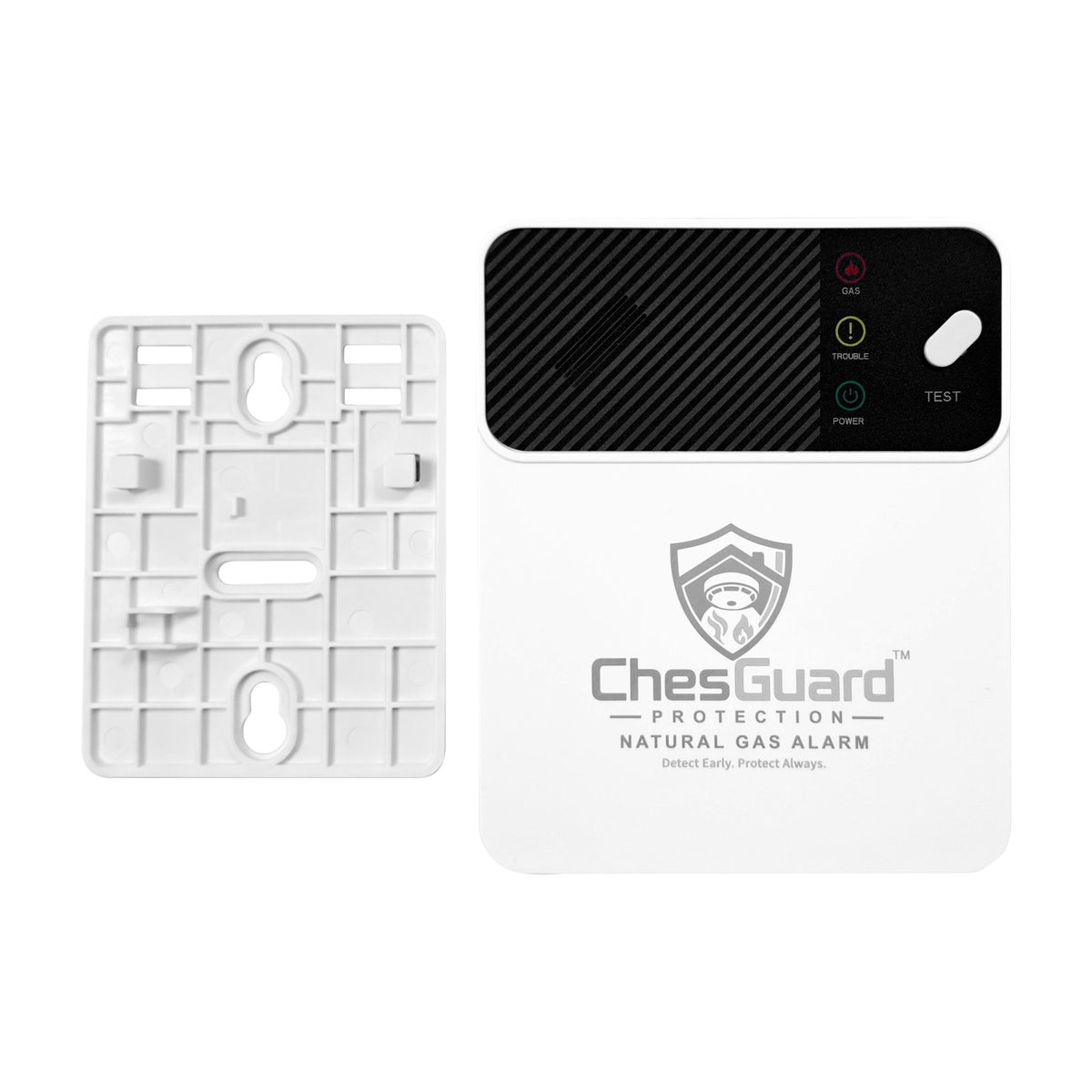 ChesGuard CG-GD1 natural gas alarm shown beside its mounting back plate