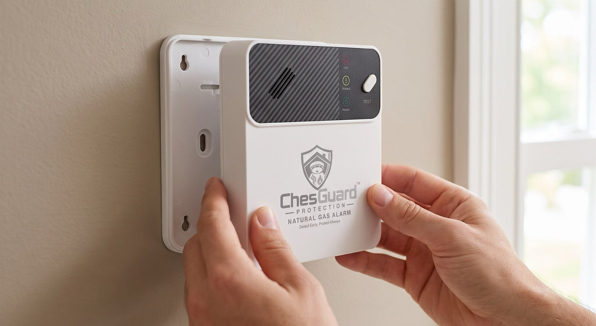 Hands fitting a ChesGuard CG-GD1 natural gas alarm onto its wall mounted back plate