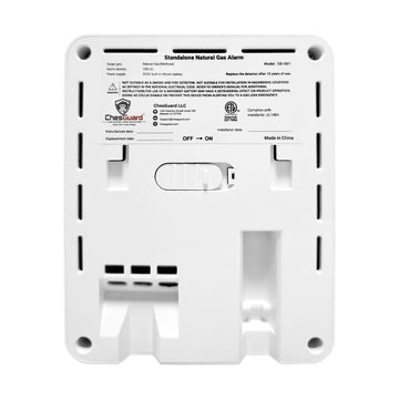 Rear rating label of the ChesGuard CG-GD1 natural gas alarm listing the target gas, alarm density, power supply and UL 1484 compliance